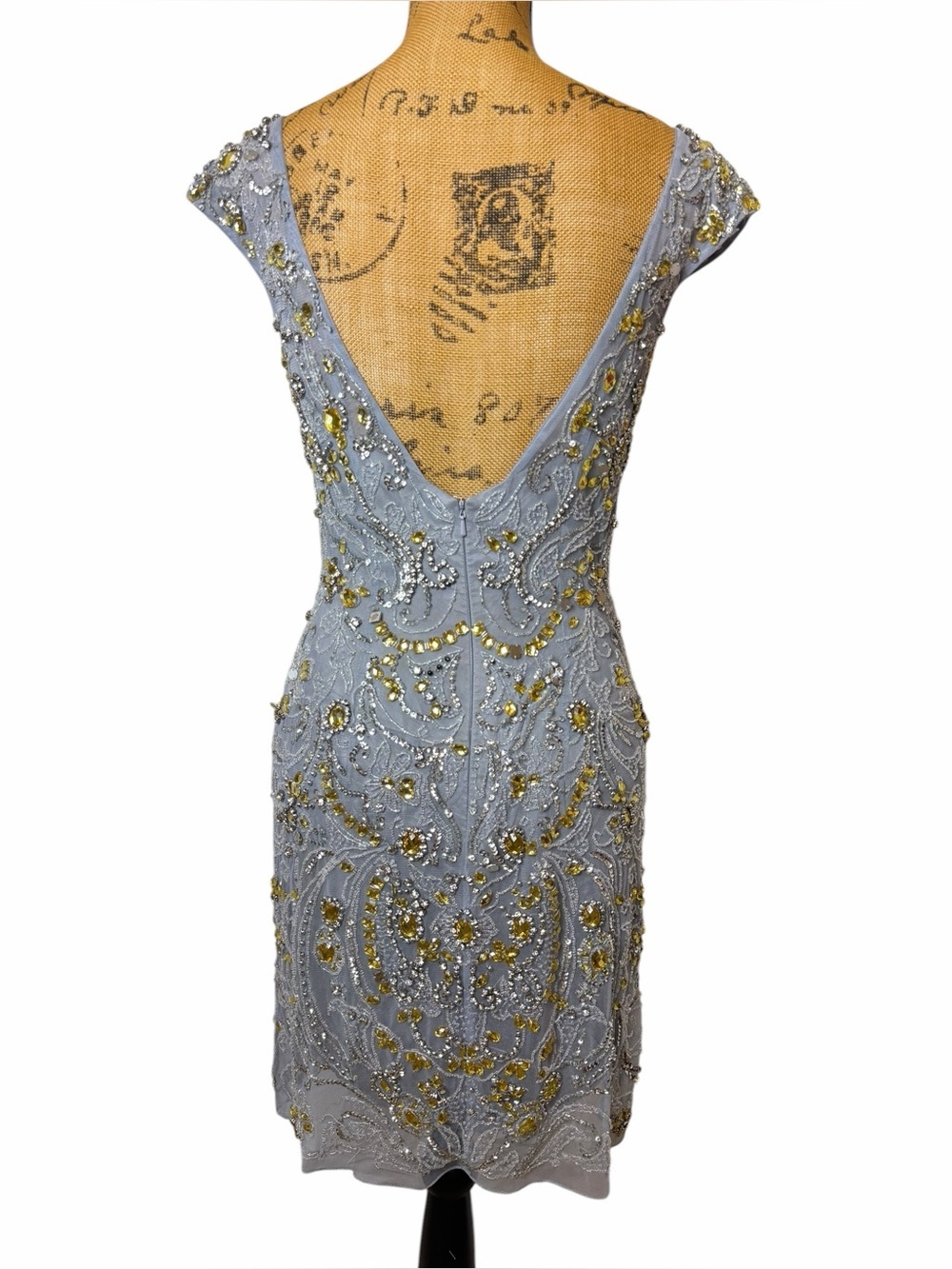 Sherri Hill Beaded Cocktail Dress Blue Gray Gold Embellished Open Back Size 8 - Picture 3 of 10